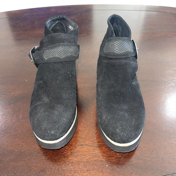 Silent D Anthropologie Cowboy Buckle Bootie Black Suede Boots 37 Platform US 6.5 - Picture 3 of 16